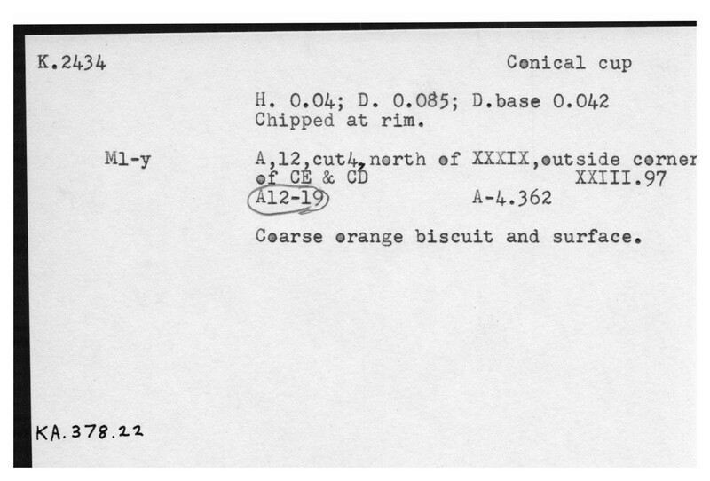 Index card with typed and handwritten information, sometimes including a sketch, of pottery from an excavation.