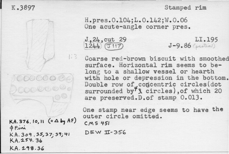 Index card with typed and handwritten information, sometimes including a sketch, of pottery from an excavation.