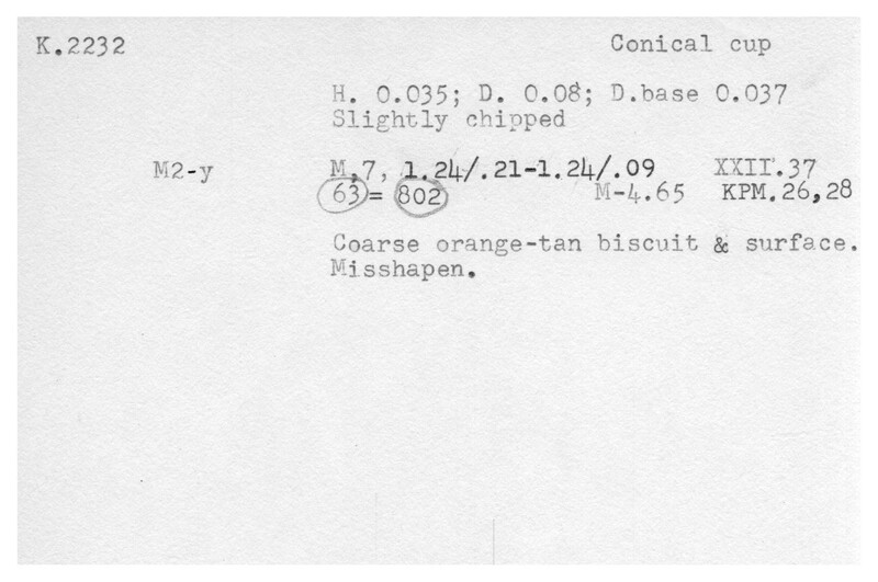 Index card with typed and handwritten information, sometimes including a sketch, of pottery from an excavation.