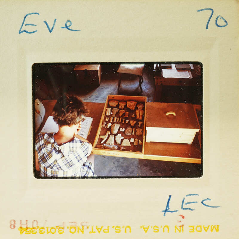 Person looking at a box with various items inside.