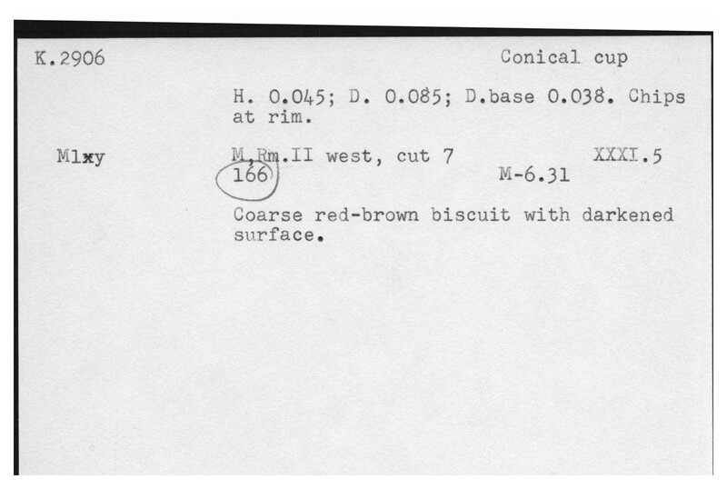 Index card with typed and handwritten information, sometimes including a sketch, of pottery from an excavation.