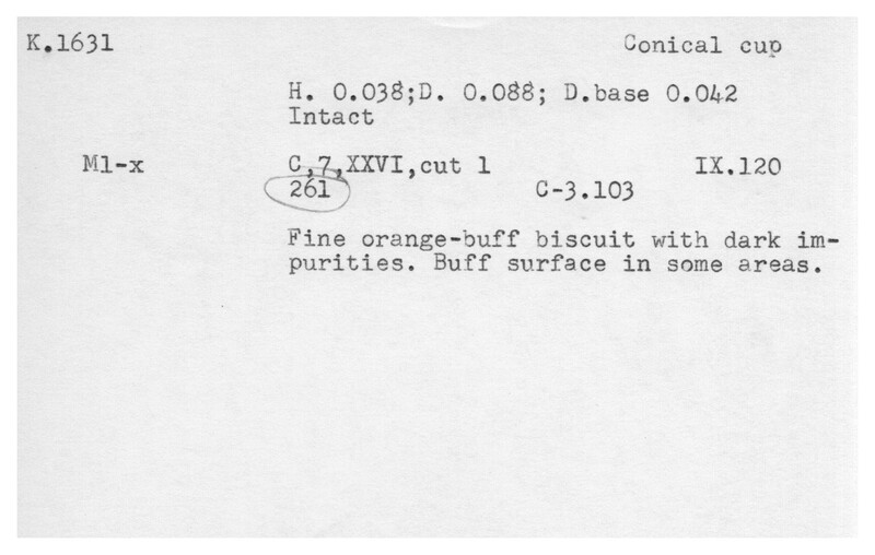 Index card with typed and handwritten information, sometimes including a sketch, of pottery from an excavation.