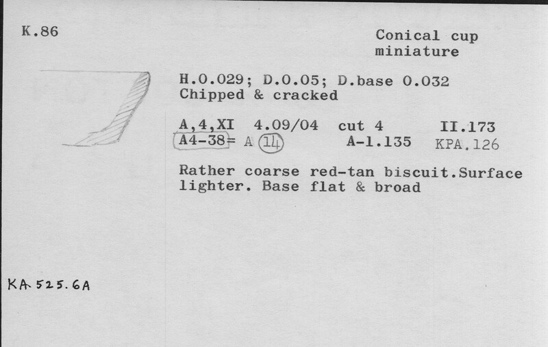 Index card with typed and handwritten information, sometimes including a sketch, of pottery from an excavation.