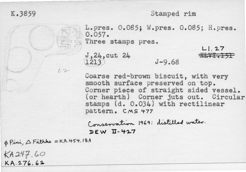 Index card with typed and handwritten information, sometimes including a sketch, of pottery from an excavation.