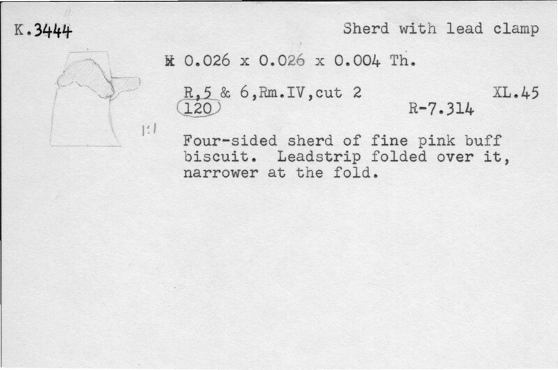 Index card with typed and handwritten information, sometimes including a sketch, of pottery from an excavation.