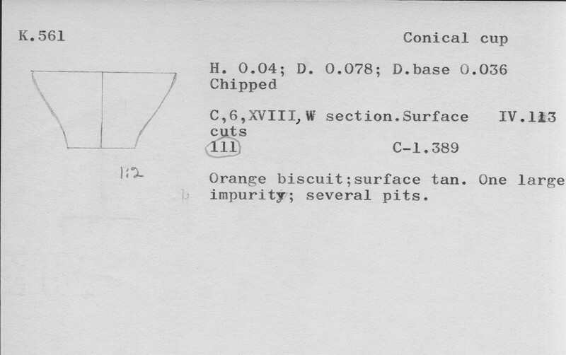 Index card with typed and handwritten information, sometimes including a sketch, of pottery from an excavation.