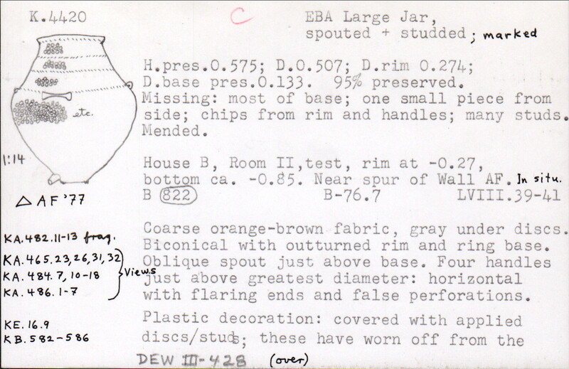 Index card with typed and handwritten information, sometimes including a sketch, of pottery from an excavation.