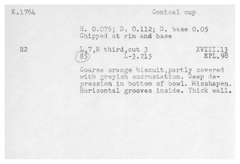 Index card with typed and handwritten information, sometimes including a sketch, of pottery from an excavation.