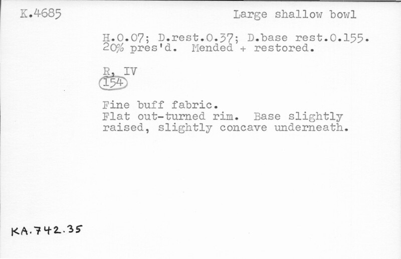 Index card with typed and handwritten information, sometimes including a sketch, of pottery from an excavation.