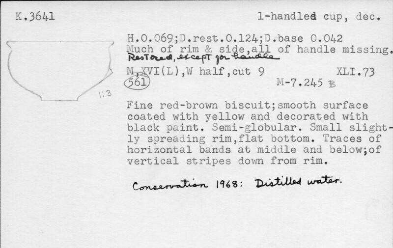 Index card with typed and handwritten information, sometimes including a sketch, of pottery from an excavation.