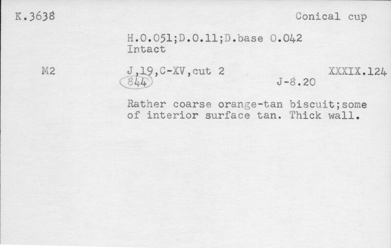 Index card with typed and handwritten information, sometimes including a sketch, of pottery from an excavation.
