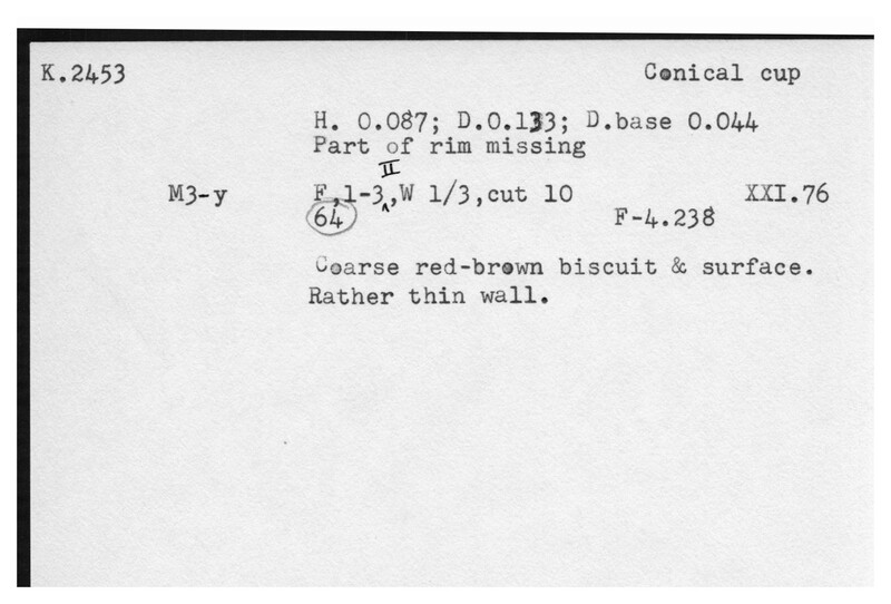 Index card with typed and handwritten information, sometimes including a sketch, of pottery from an excavation.