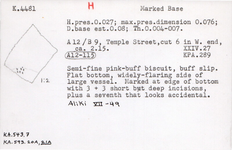 Index card with typed and handwritten information, sometimes including a sketch, of pottery from an excavation.