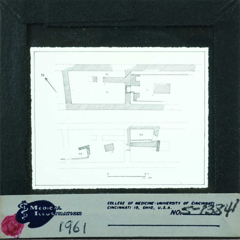 A black and white drawing of the temple building with architectural details