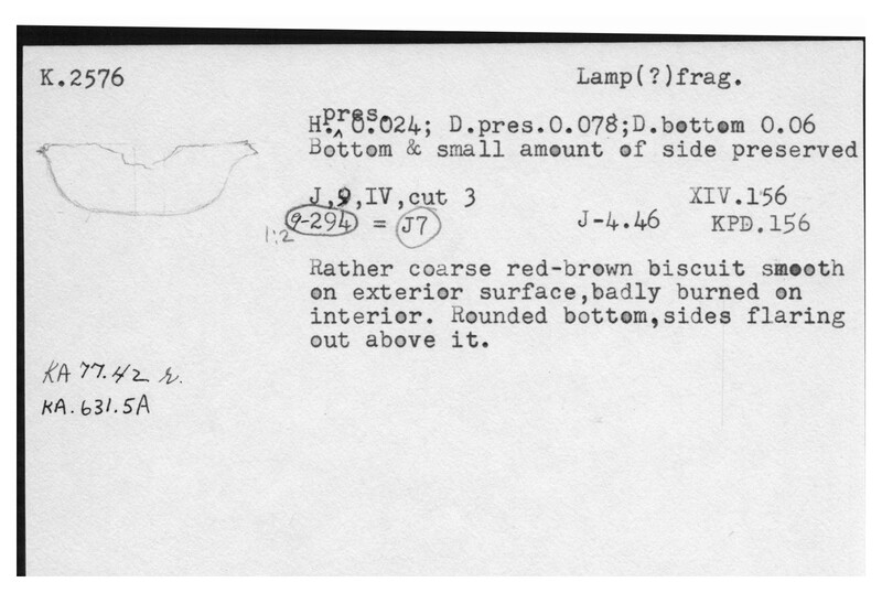 Index card with typed and handwritten information, sometimes including a sketch, of pottery from an excavation.