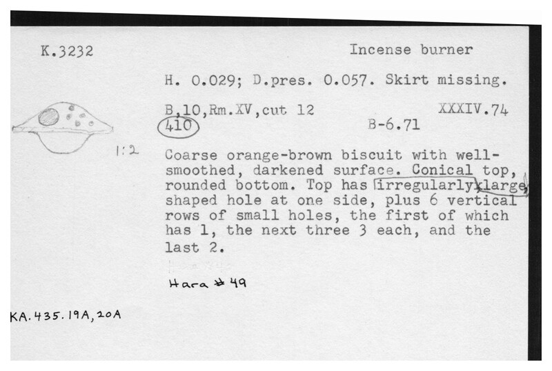 Index card with typed and handwritten information, sometimes including a sketch, of pottery from an excavation.