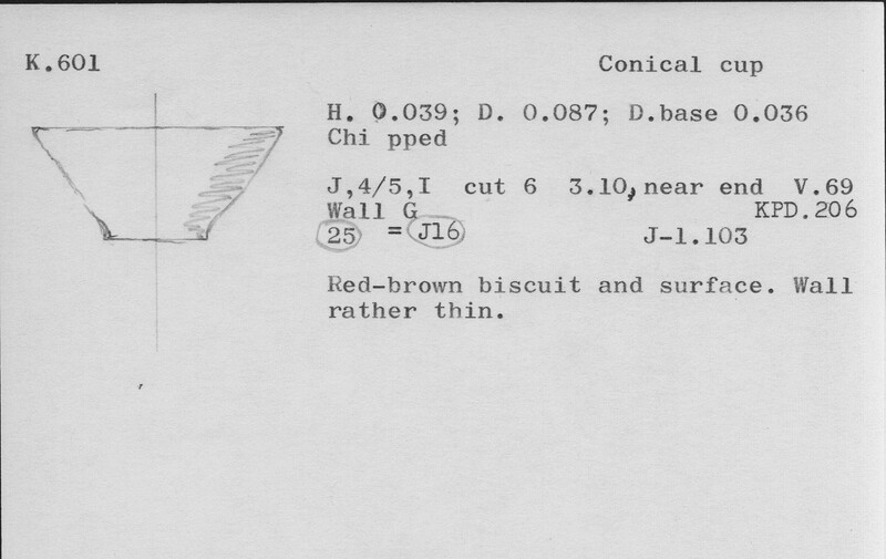 Index card with typed and handwritten information, sometimes including a sketch, of pottery from an excavation.
