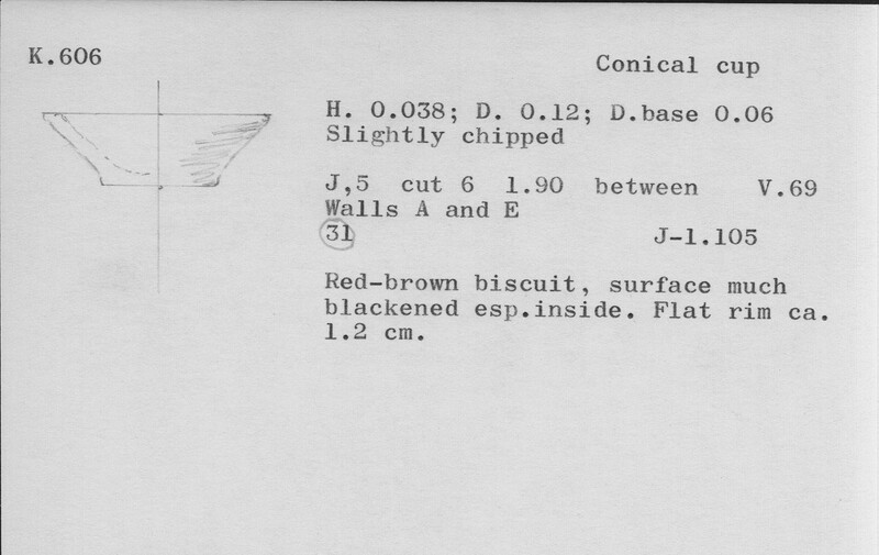 Index card with typed and handwritten information, sometimes including a sketch, of pottery from an excavation.