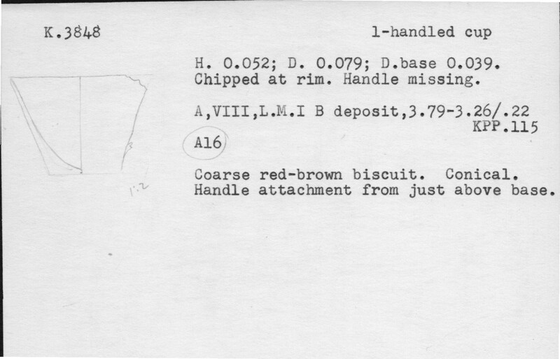 Index card with typed and handwritten information, sometimes including a sketch, of pottery from an excavation.