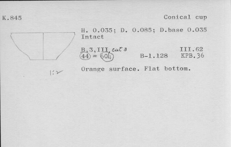Index card with typed and handwritten information, sometimes including a sketch, of pottery from an excavation.