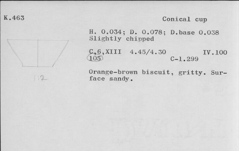 Index card with typed and handwritten information, sometimes including a sketch, of pottery from an excavation.