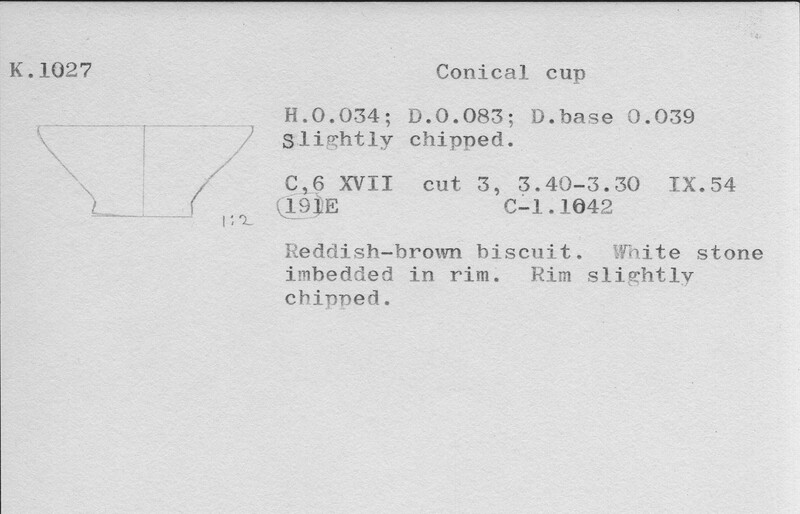 Index card with typed and handwritten information, sometimes including a sketch, of pottery from an excavation.