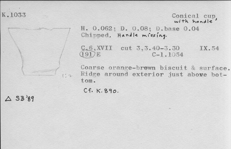 Index card with typed and handwritten information, sometimes including a sketch, of pottery from an excavation.