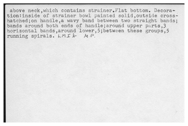 Index card with typed and handwritten information, sometimes including a sketch, of pottery from an excavation.
