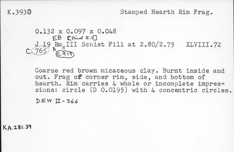 Index card with typed and handwritten information, sometimes including a sketch, of pottery from an excavation.