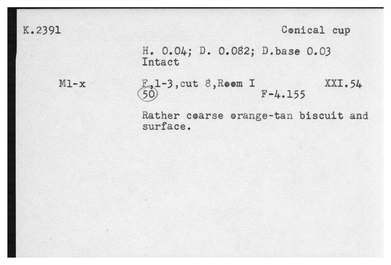 Index card with typed and handwritten information, sometimes including a sketch, of pottery from an excavation.