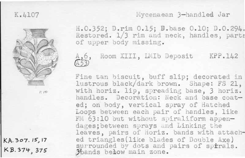 Index card with typed and handwritten information, sometimes including a sketch, of pottery from an excavation.