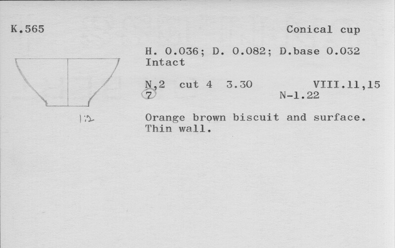 Index card with typed and handwritten information, sometimes including a sketch, of pottery from an excavation.