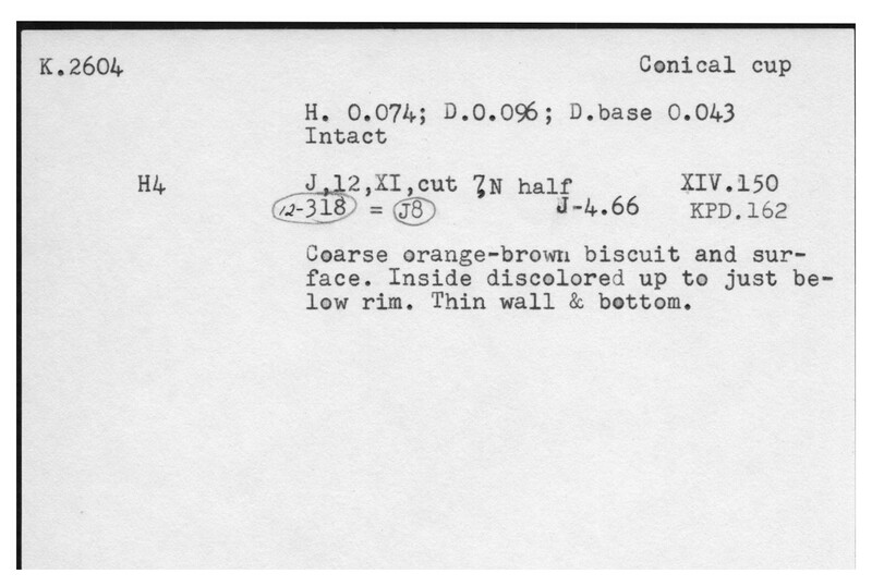 Index card with typed and handwritten information, sometimes including a sketch, of pottery from an excavation.