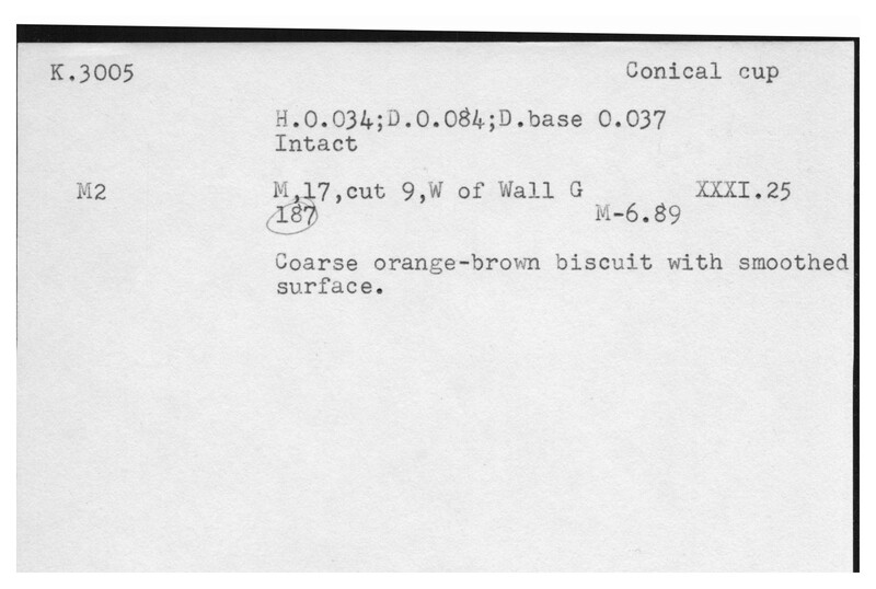 Index card with typed and handwritten information, sometimes including a sketch, of pottery from an excavation.