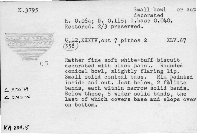 Index card with typed and handwritten information, sometimes including a sketch, of pottery from an excavation.