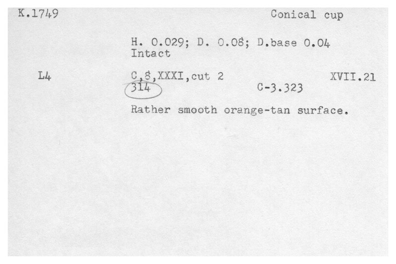 Index card with typed and handwritten information, sometimes including a sketch, of pottery from an excavation.