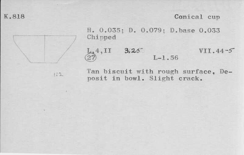 Index card with typed and handwritten information, sometimes including a sketch, of pottery from an excavation.