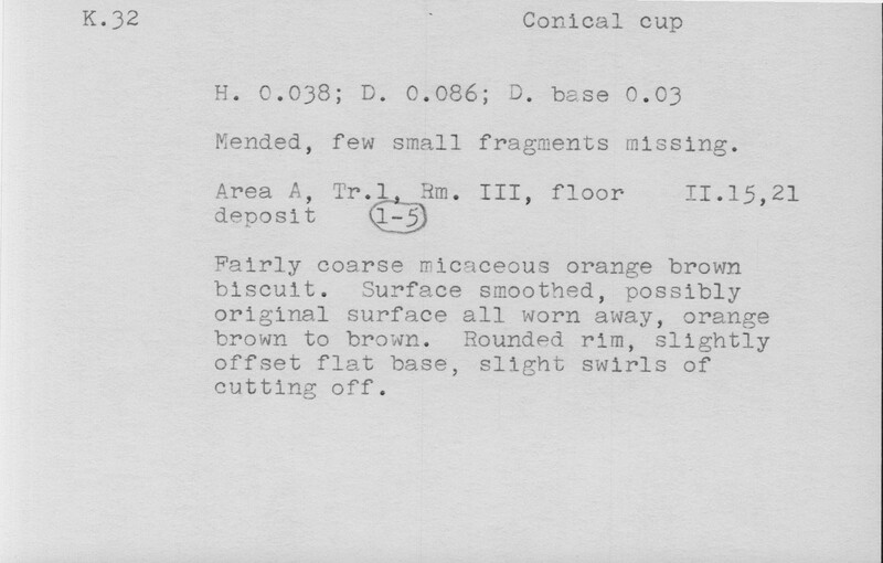 Index card with typed and handwritten information, sometimes including a sketch, of pottery from an excavation.
