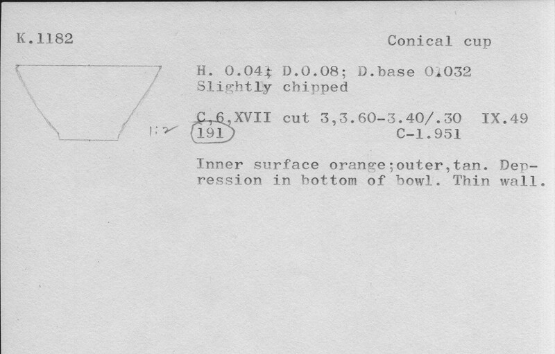 Index card with typed and handwritten information, sometimes including a sketch, of pottery from an excavation.