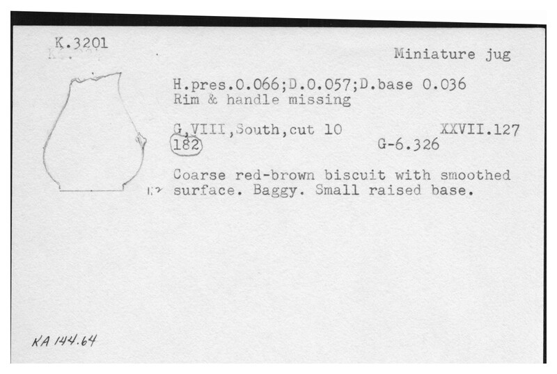 Index card with typed and handwritten information, sometimes including a sketch, of pottery from an excavation.