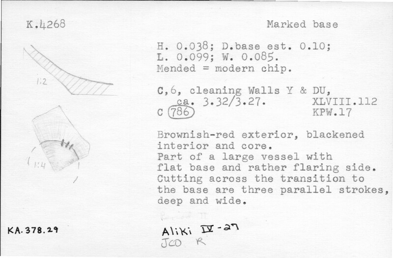 Index card with typed and handwritten information, sometimes including a sketch, of pottery from an excavation.
