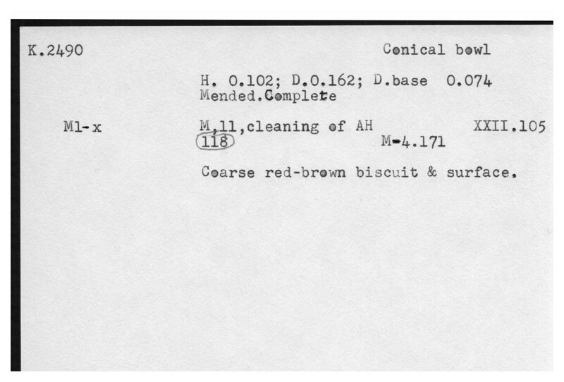 Index card with typed and handwritten information, sometimes including a sketch, of pottery from an excavation.