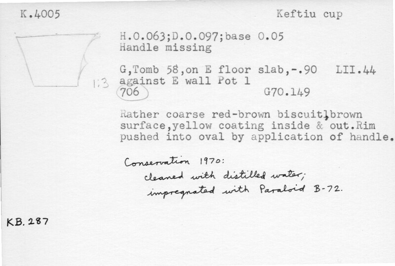 Index card with typed and handwritten information, sometimes including a sketch, of pottery from an excavation.