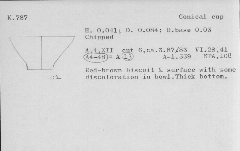 Index card with typed and handwritten information, sometimes including a sketch, of pottery from an excavation.