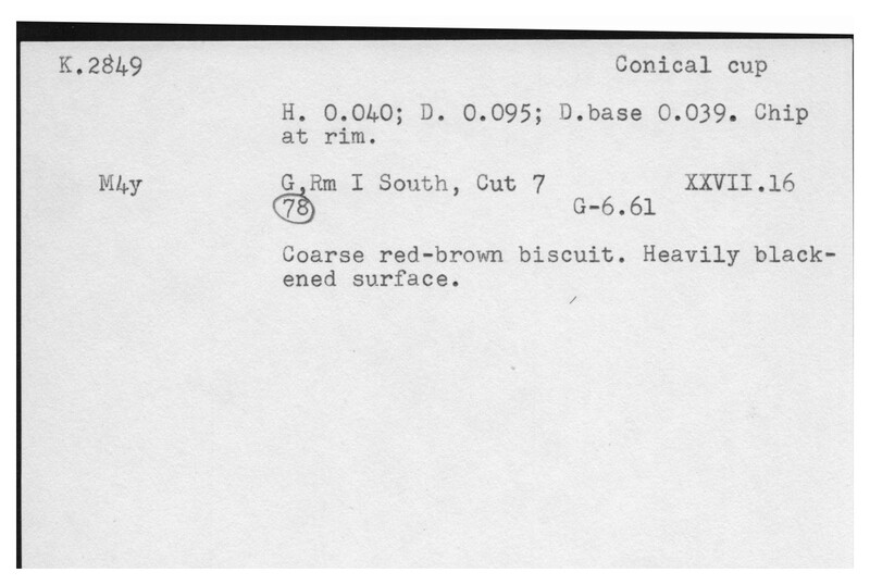 Index card with typed and handwritten information, sometimes including a sketch, of pottery from an excavation.