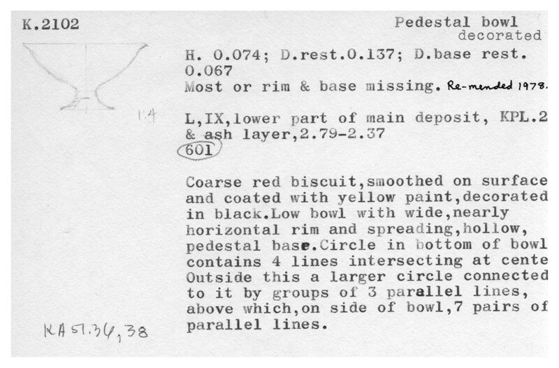 Index card with typed and handwritten information, sometimes including a sketch, of pottery from an excavation.