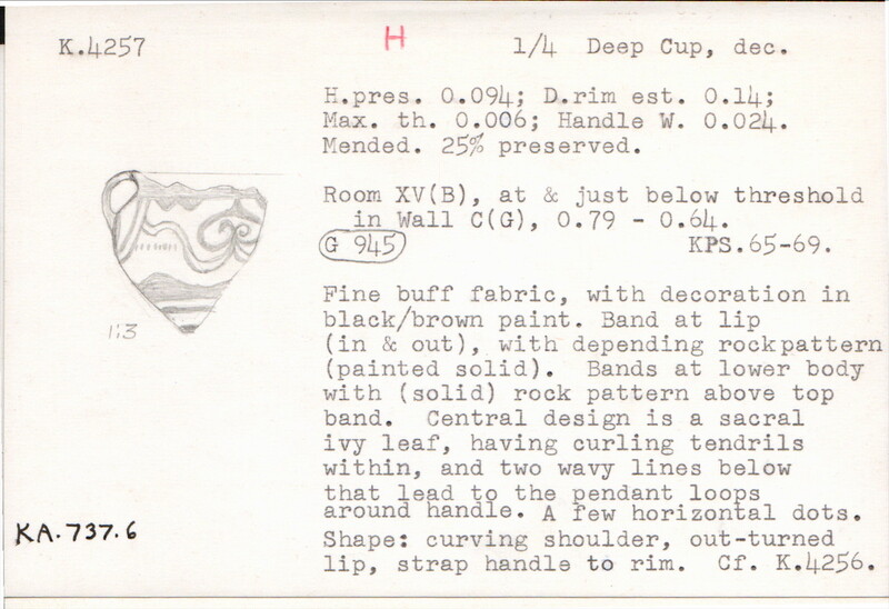 Index card with typed and handwritten information, sometimes including a sketch, of pottery from an excavation.