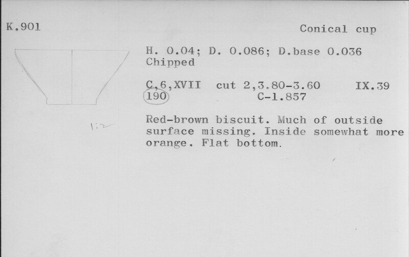 Index card with typed and handwritten information, sometimes including a sketch, of pottery from an excavation.