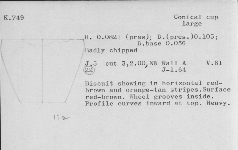 Index card with typed and handwritten information, sometimes including a sketch, of pottery from an excavation.