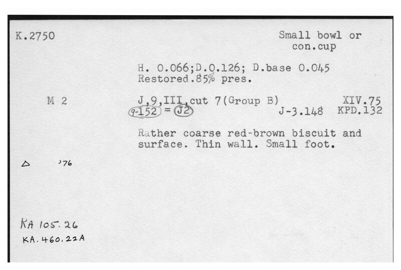 Index card with typed and handwritten information, sometimes including a sketch, of pottery from an excavation.